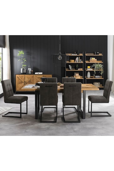 Bentley Designs Rustic Oak Black Indus Extending 6-8 Seater Dining Table and Dark Grey Cantilever Chairs Set