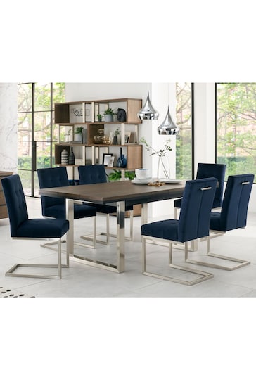 Bentley Designs Satin Nickel Tivoli Extending 6-8 Seater Dining Table and Blue Cantilever Chairs Set