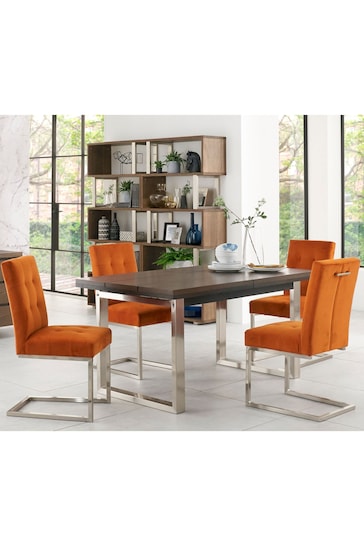 Bentley Designs Satin Nickel Tivoli Extending 4-6 Seater Dining Table and Pumpkin Orange Chairs Set