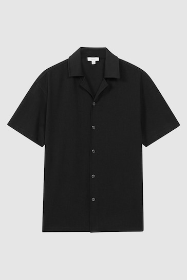 Reiss Black Hunt Textured Cuban Collar Shirt