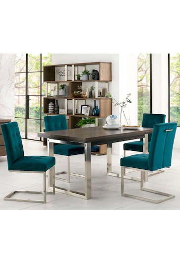Bentley Designs Satin Nickel Tivoli Extending 4-6 Seater Dining Table and Green Cantilever Chairs Set
