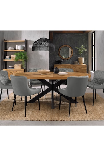 Bentley Designs Rustic Oak Peppercorn Ellipse 6 Seater Dining Table and Grey Chairs Set