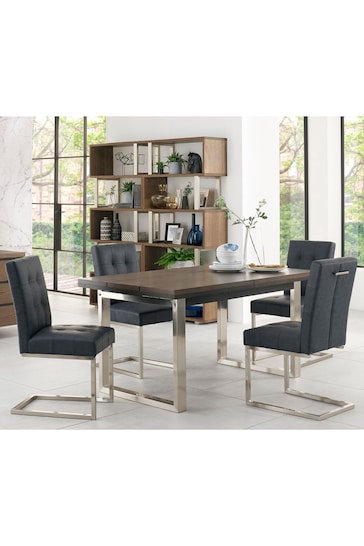 Bentley Designs Satin Nickel Tivoli Extending 4-6 Seater Dining Table and Black Cantilever Chairs Set