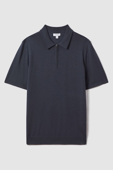 Reiss Blue Smoke Maxwell Merino Wool Half-Zip Polo Shirt
