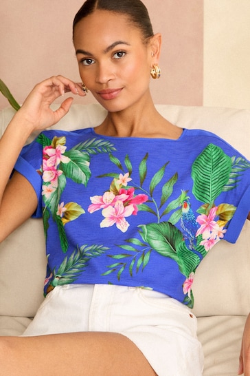 Love & Roses Blue Tropical Print Crew Neck Woven Trim Linen Look Jersey T-Shirt