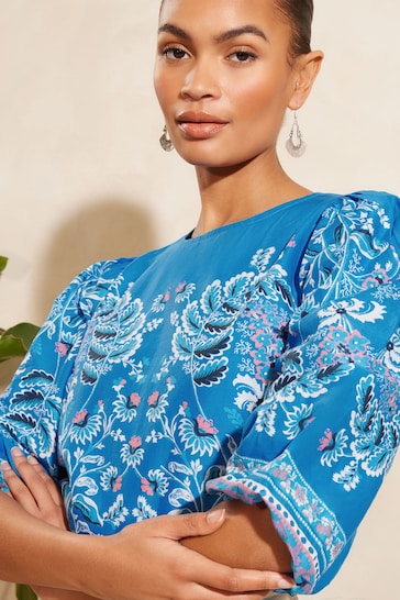 V&A | Love & Roses Blue Paisley Printed Puff Sleeve Crew Neck Top