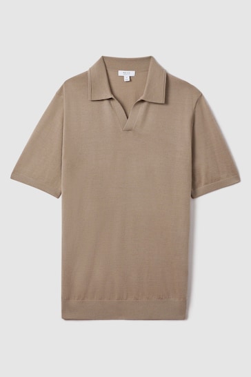 Reiss Camel Duchie Merino Wool Open Collar Polo Shirt