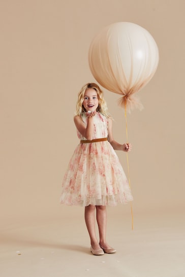 Pink Floral Mesh Tie Back Party Dress (3-16yrs)