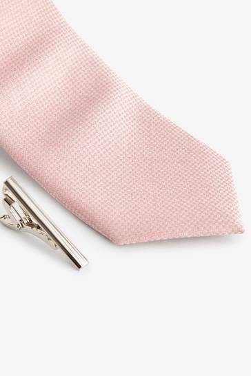 Light Pink Slim Textured Tie And Clip
