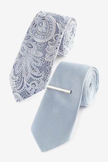 Blue/Light Blue Paisley Textured Tie And Clips 2 Pack