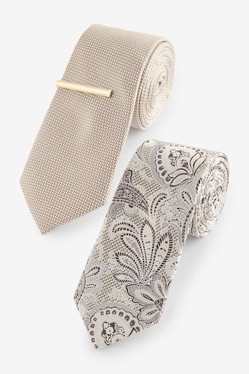 Neutral Brown Paisley Textured Tie And Clips 2 Pack