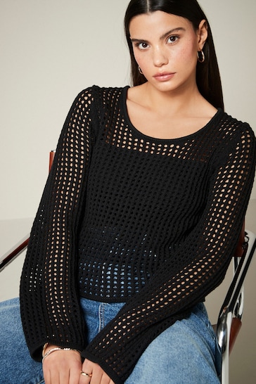 Black Open Stitch Detail Knitted Top