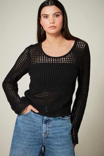 Black Open Stitch Detail Knitted Top