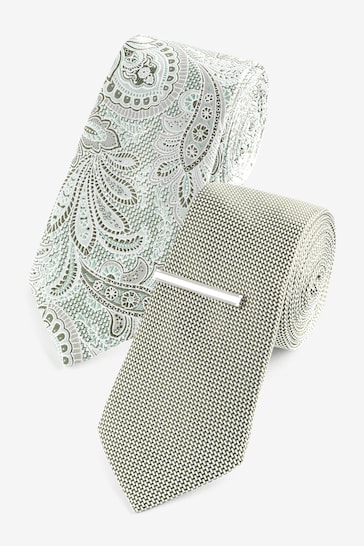 Sage Green Paisley Textured Tie And Clips 2 Pack