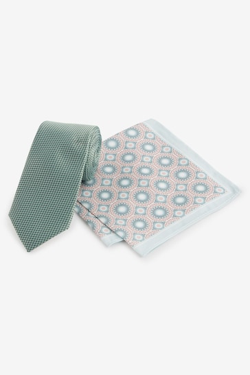 Sage Green Slim Tie And Geometric Pocket Square Set