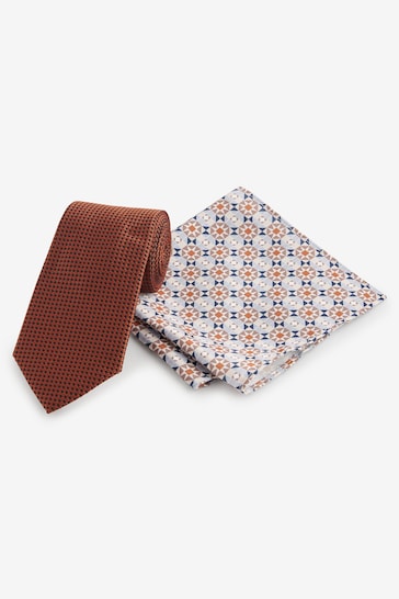 Rust Orange Slim Tie And Geometric Pocket Square Set