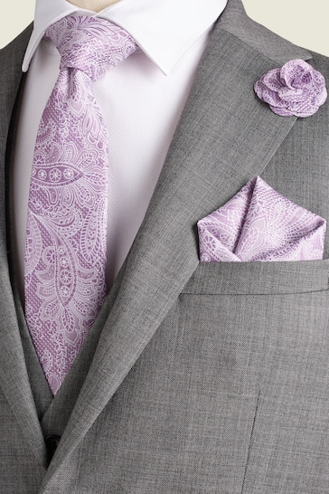 Lilac Purple Textured Paisley Tie, Pocket Square And Pin Set