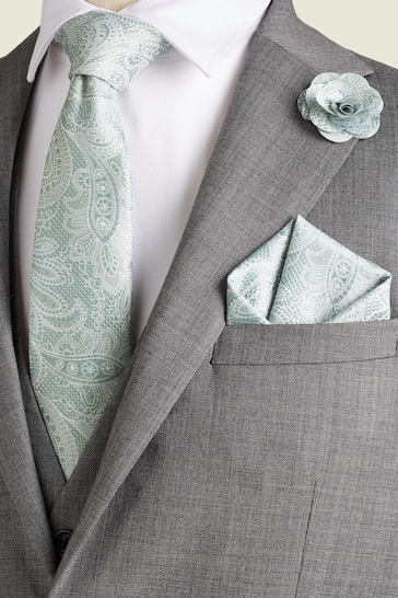 Sage Green Textured Paisley Tie, Pocket Square And Pin Set