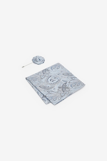 Light Blue Textured Paisley Tie, Pocket Square And Pin Set
