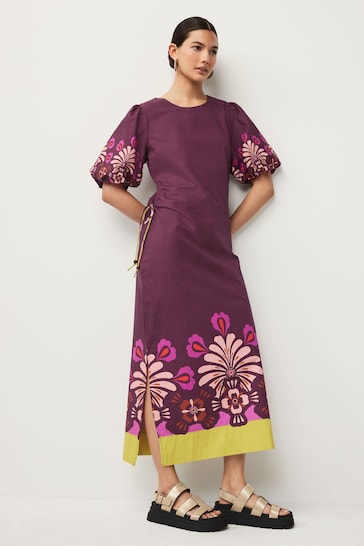 Wine Red Floral Placement Ruched Side Puff Sleeve Midi Dress