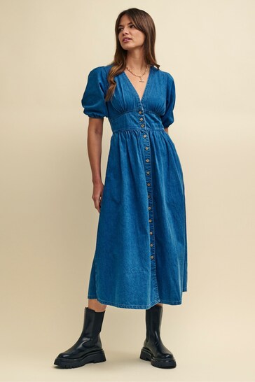 Buy Nobodys Child Blue Denim Short Sleeve Starlight Midi Dress V-Neck ...
