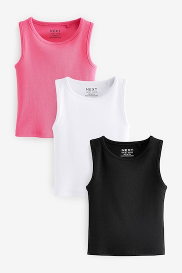 Black/White/Pink 3 Pack Boxy Rib Vests (3-16yrs)