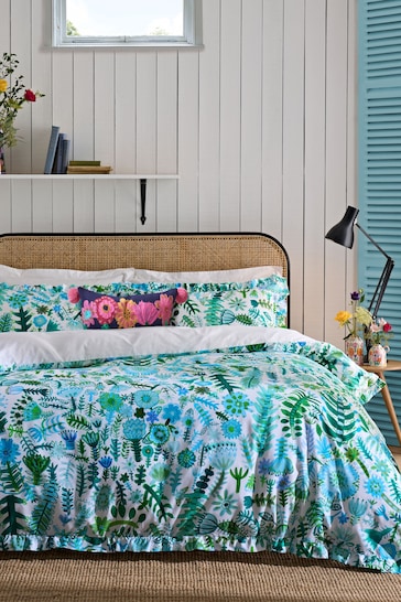 Lucy Tiffney Blue/Green Floral Ruffle Bed Set