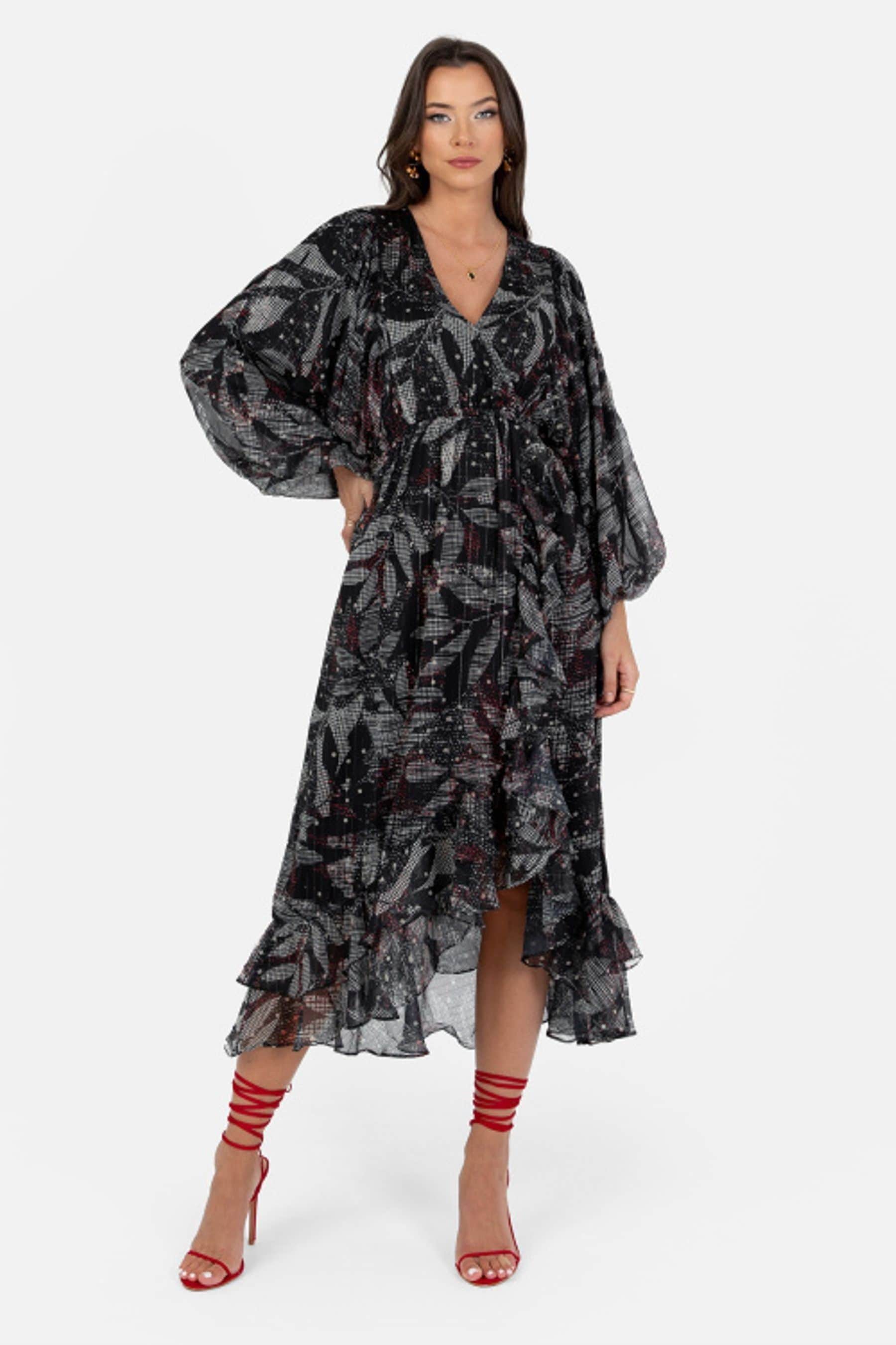 Lovedrobe Printed Ruffle Detail Black Midi Dress