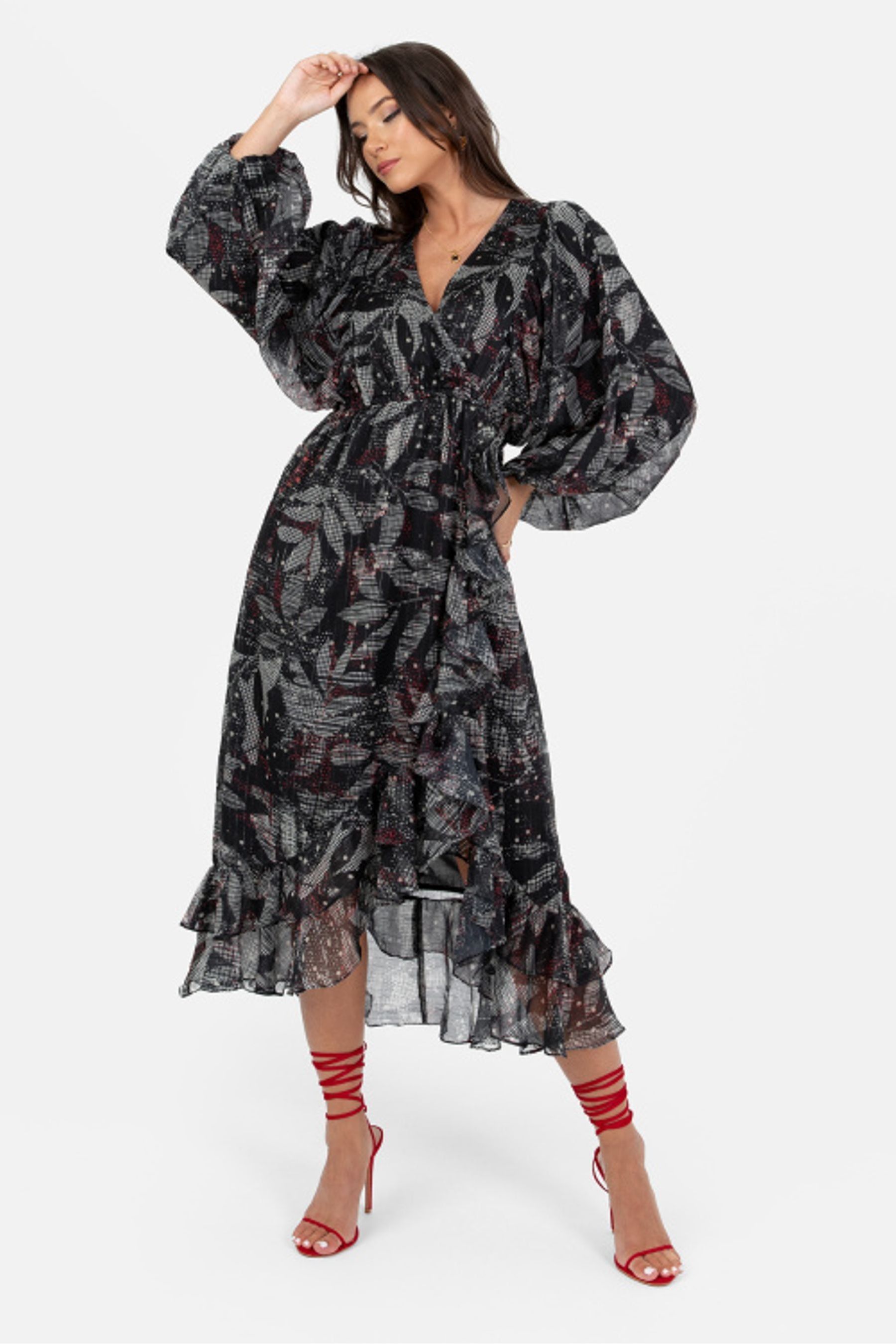 Ruffle detail clearance wrap dress