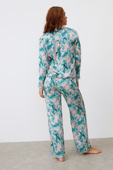 Oliver Bonas Peacock Pink Shirt & Trousers Pyjama Set