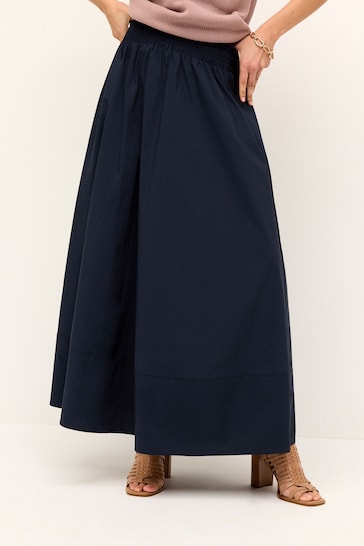 Navy Poplin Midi Shirred Waist Skirt