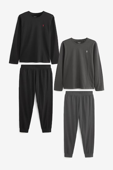 Black/Grey Long Sleeve Cuffed Pyjamas 2 Pack