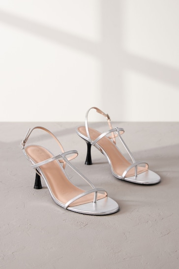 Silver Print Signature Leather Toe Post Heeled Sandals