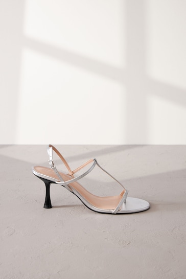 Silver Print Signature Leather Toe Post Heeled Sandals
