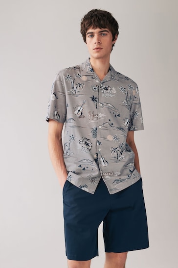 Grey Printed Floral Short Sleeve Shirt with Cuban Collar