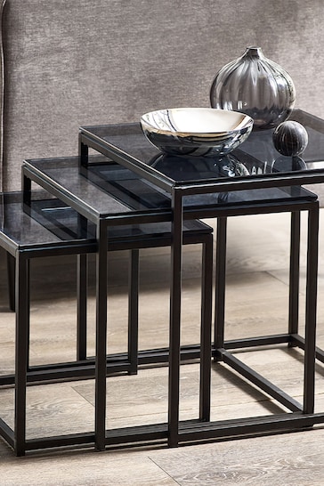 Julian Bowen Smoked Glass and Black Chicago Nest of 3 Tables Smoked Glass