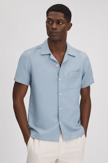 Reiss China Blue Tokyo Cuban Collar Button-Through Shirt