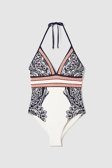 Reiss Navy/Red Monica Printed Tie Back Swimsuit