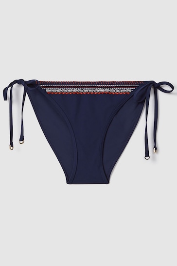 Reiss Navy/Red Marissa Embroidered Side Tie Bikini Bottoms