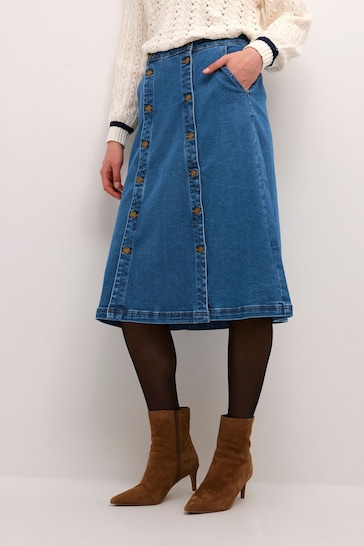 Cream Blue Tin Knee Length Button Denim Skirt