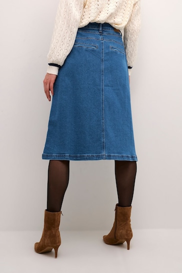 Cream Blue Tin Knee Length Button Denim Skirt