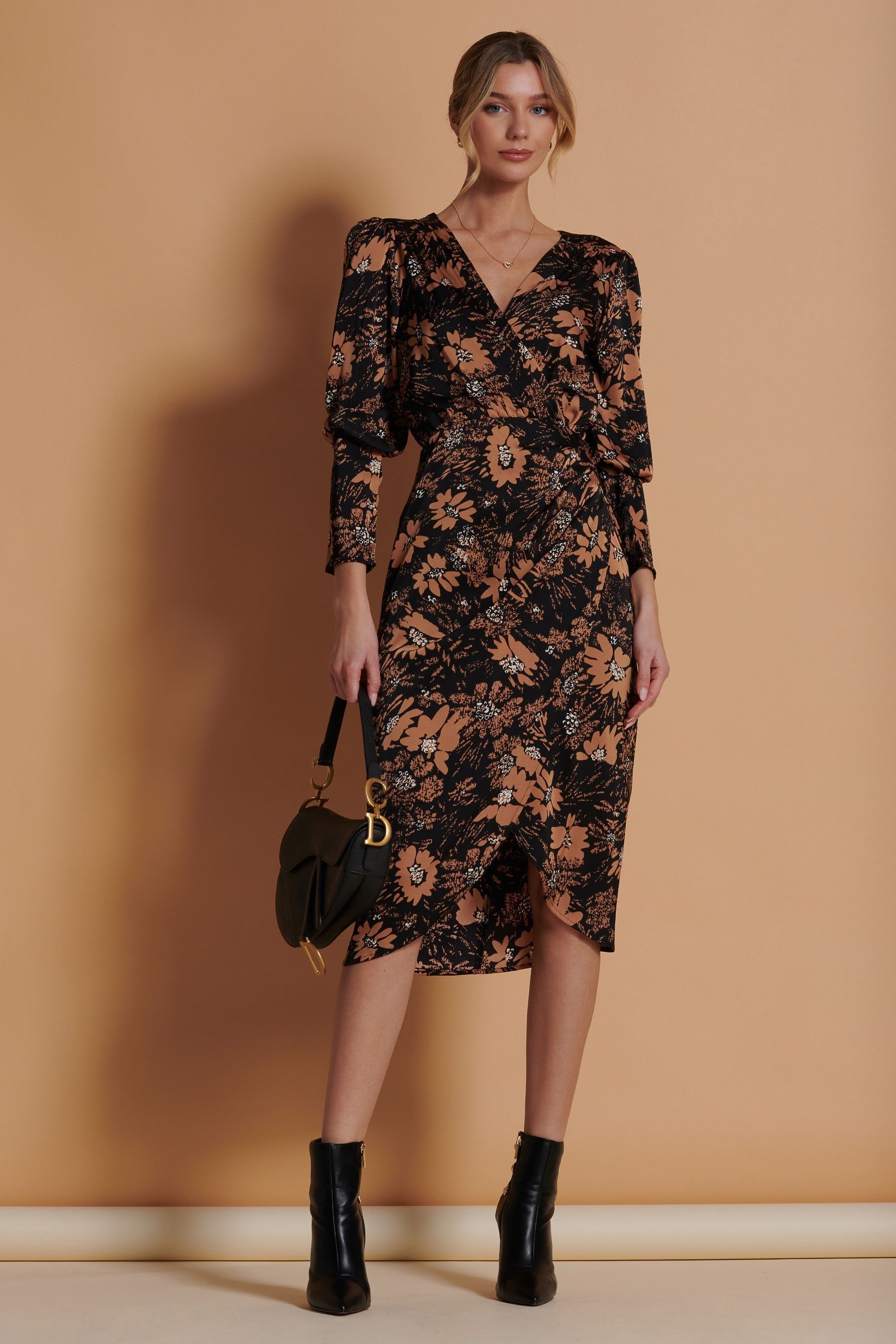 Buy Jolie Moi Brown Print Satin Wrap Bodycon Dress from the Next UK online shop