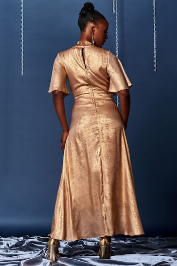 Jolie Moi Gold Metallic Effect Wrap Maxi Dress