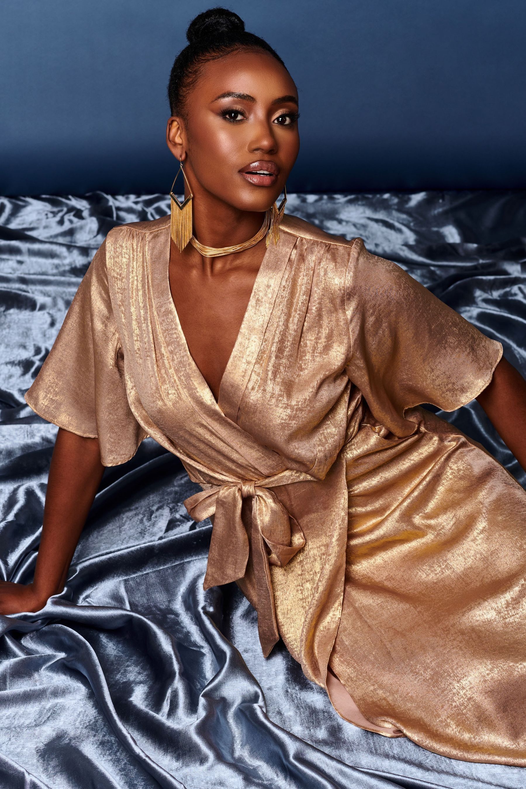 Gold lame wrap dress hotsell