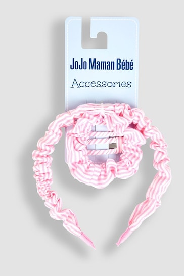 JoJo Maman Bébé Pink Stripe Headband, Clips And Scrunchie Set