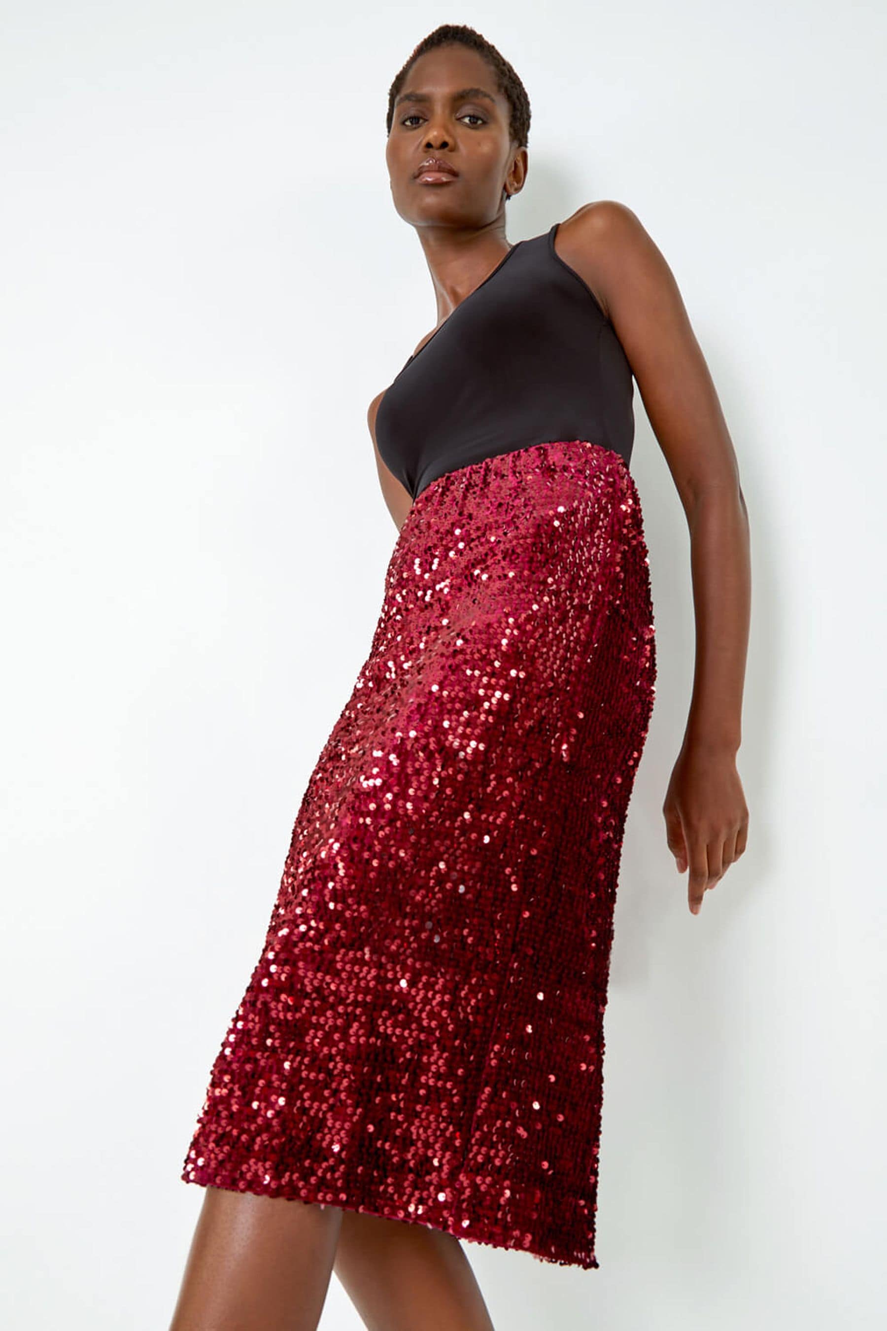 Burgundy sequin pencil skirt top