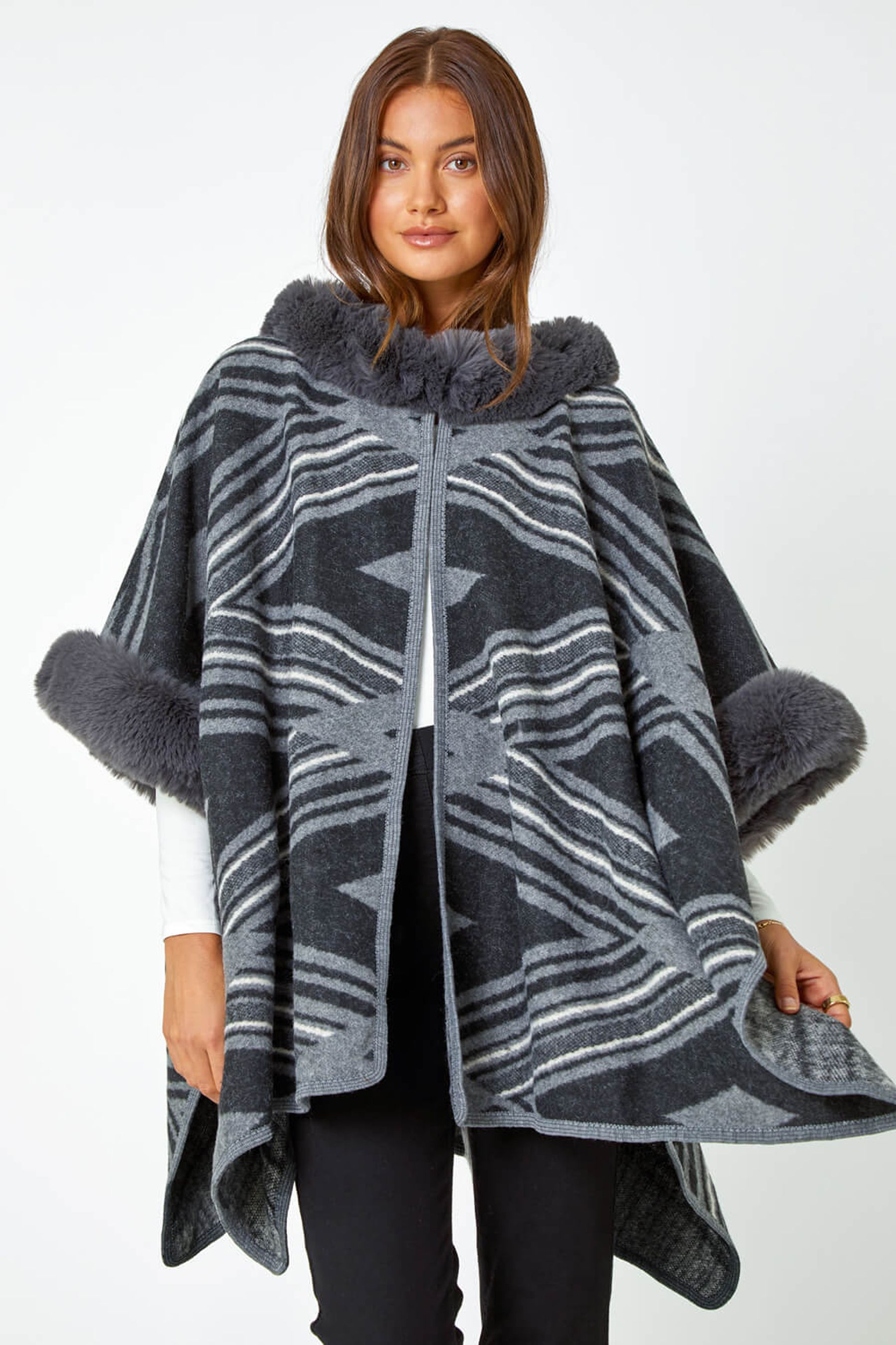 Buy Roman Grey Zig Zag Faux Fur Trim Cape Jumper from the Next UK