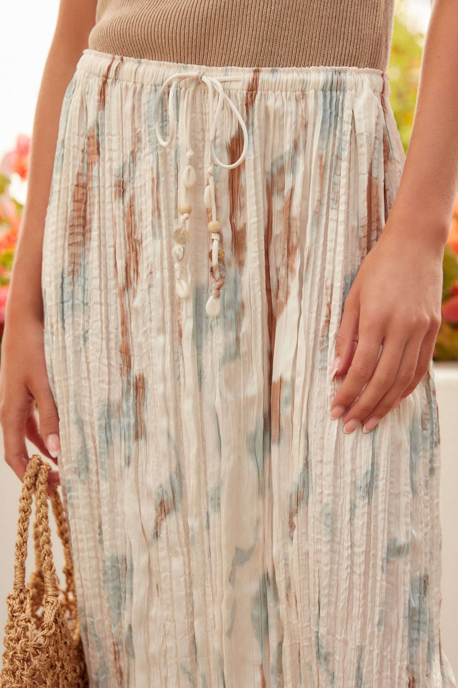 Ecru Aqua Crinkled Satin Maxi Skirt