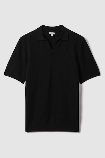 Reiss Black Mickey Textured Modal Blend Open Collar Shirt