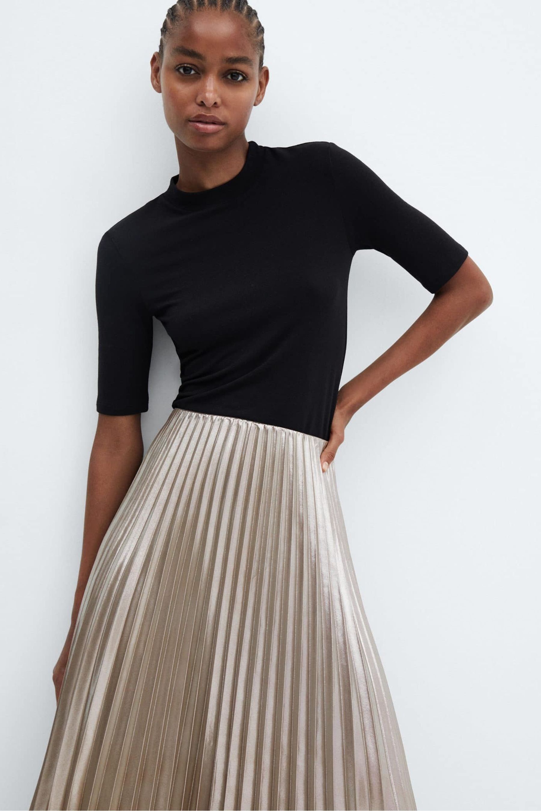 Mango Silver Metallic Pleated Midi Skirt